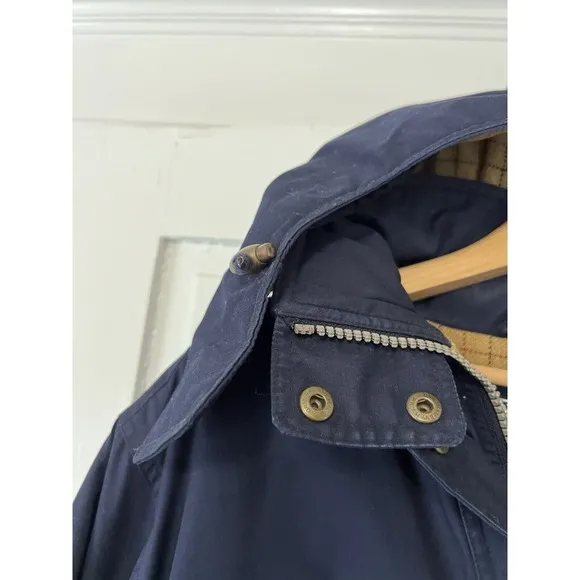 Vintage Lands End Long Chore Jacket Barn Coat Small Wool Lined Hooded Navy Women