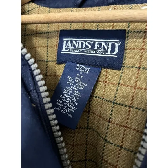 Vintage Lands End Long Chore Jacket Barn Coat Small Wool Lined Hooded Navy Women