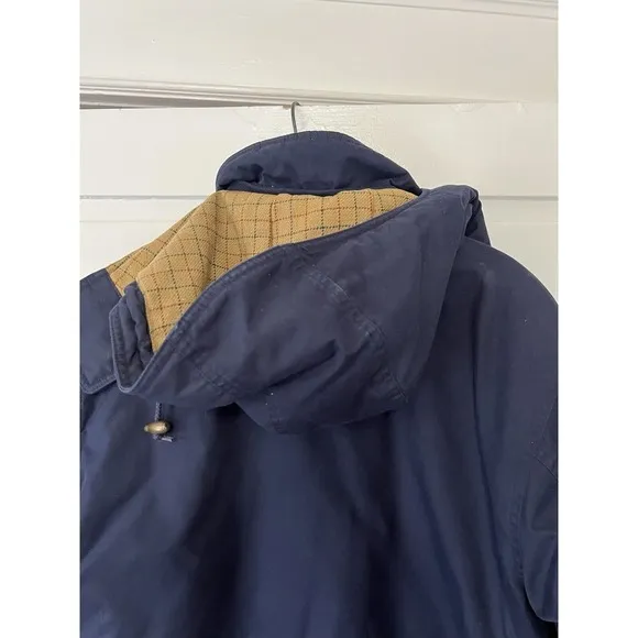 Vintage Lands End Long Chore Jacket Barn Coat Small Wool Lined Hooded Navy Women