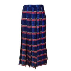 Vintage Le Truc Blue Metallic Plaid Pleated High Waist Midi Skirt 40 US Size 8
