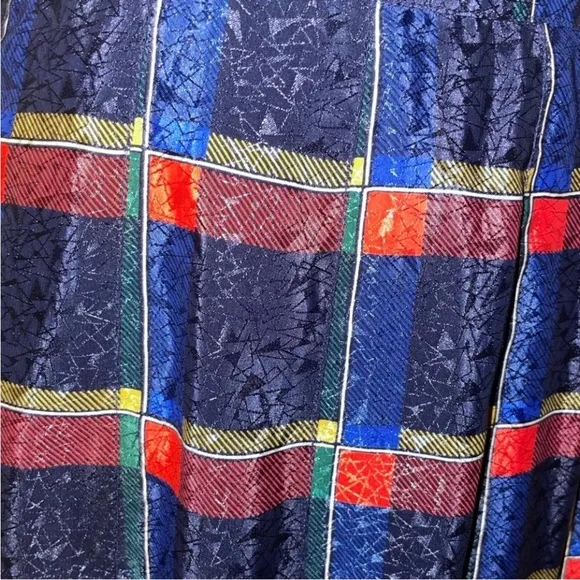 Vintage Le Truc Blue Metallic Plaid Pleated High Waist Midi Skirt 40 US Size 8