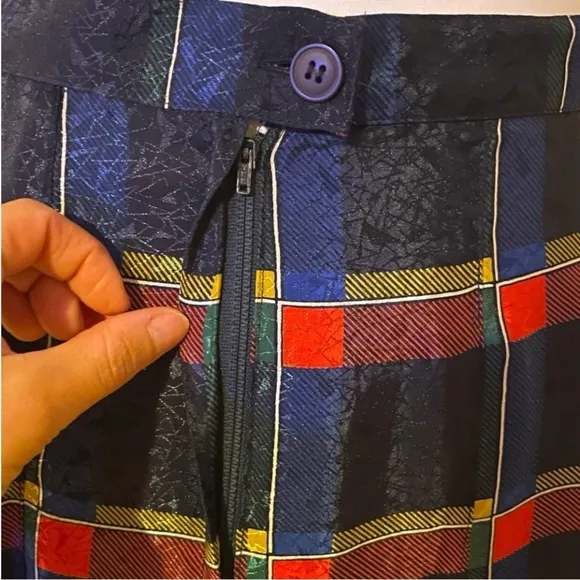 Vintage Le Truc Blue Metallic Plaid Pleated High Waist Midi Skirt 40 US Size 8