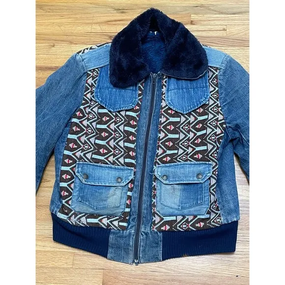 Vintage Mens Western Denim Jacket M/L Navajo Aztec Sherpa Lined Patchwork USA St