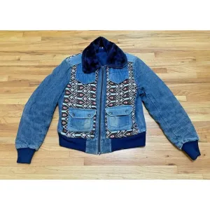 Vintage Mens Western Denim Jacket M/L Navajo Aztec Sherpa Lined Patchwork USA St
