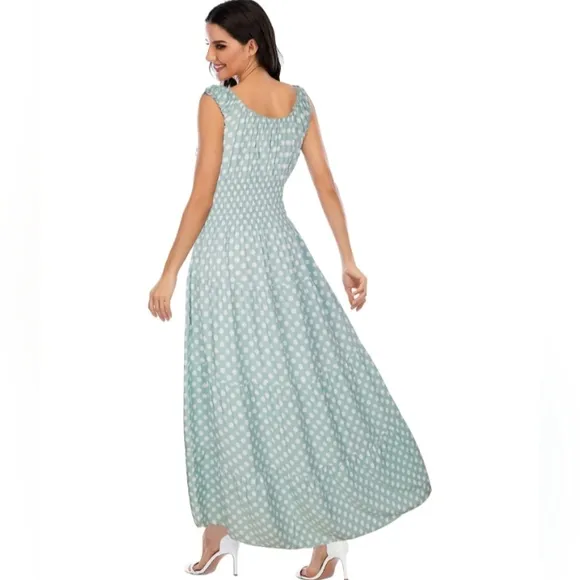 Vintage Retro Aqua Polka Dot Dress Mint Green Tiered Maxi Prairie 50s 60s New