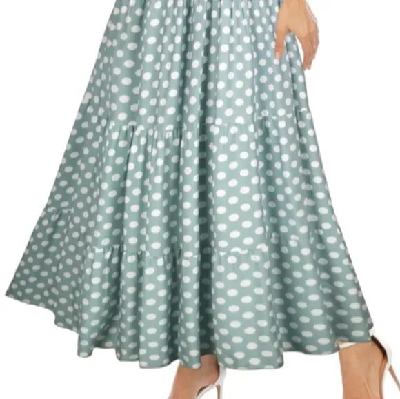 Vintage Retro Aqua Polka Dot Dress Mint Green Tiered Maxi Prairie 50s 60s New