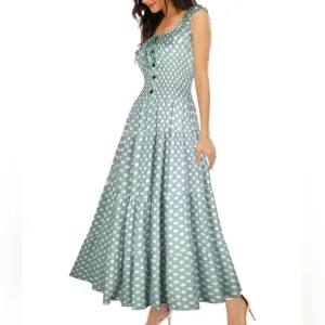 Vintage Retro Aqua Polka Dot Dress Mint Green Tiered Maxi Prairie 50s 60s New