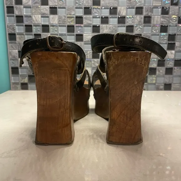 Vintage Retro Club Kid Wood Platforms-if these shoes could talk..Leather Straps