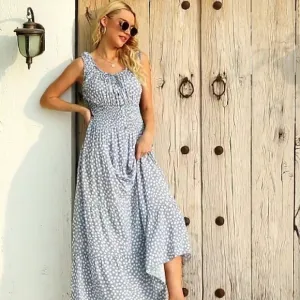 Vintage Retro Light Blue Polka Dot Dress Tiered Maxi Prairie Peasant 50s 60s New