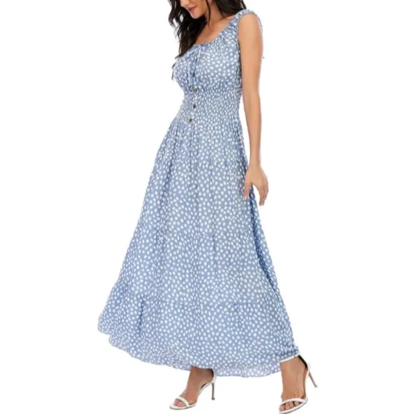 Vintage Retro Light Blue Polka Dot Dress Tiered Maxi Prairie Peasant 50s 60s New