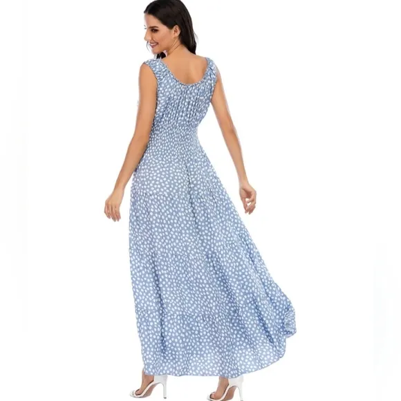 Vintage Retro Light Blue Polka Dot Dress Tiered Maxi Prairie Peasant 50s 60s New