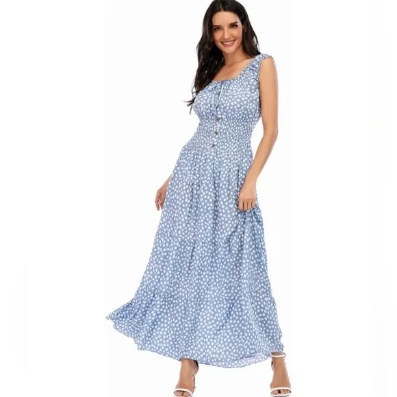 Vintage Retro Light Blue Polka Dot Dress Tiered Maxi Prairie Peasant 50s 60s New
