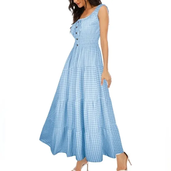 Vintage Retro Light Blue Polka Dot Dress Tiered Maxi Prairie Peasant 50s 60s New