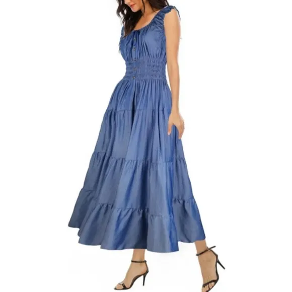Vintage Retro Light Blue Polka Dot Dress Tiered Maxi Prairie Peasant 50s 60s New