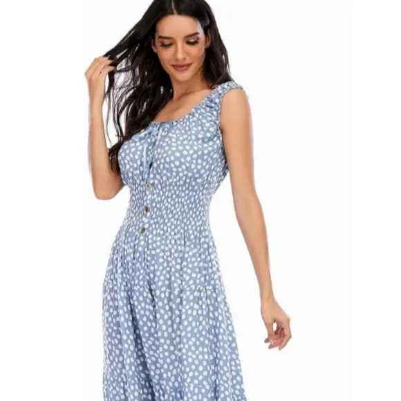 Vintage Retro Light Blue Polka Dot Dress Tiered Maxi Prairie Peasant 50s 60s New