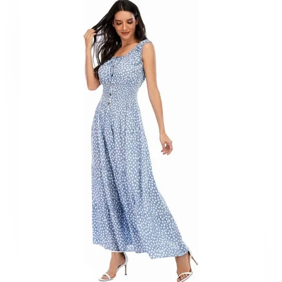 Vintage Retro Light Blue Polka Dot Dress Tiered Maxi Prairie Peasant 50s 60s New