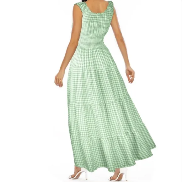 Vintage Retro Mint Green Tiered Maxi Long Prairie Dress 50s 60s Gingham New