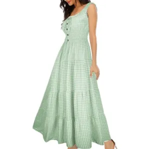 Vintage Retro Mint Green Tiered Maxi Long Prairie Dress 50s 60s Gingham New