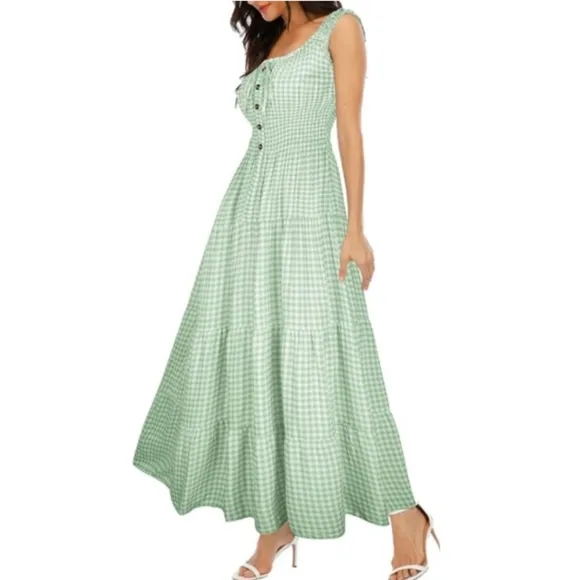 Vintage Retro Mint Green Tiered Maxi Long Prairie Dress 50s 60s Gingham New