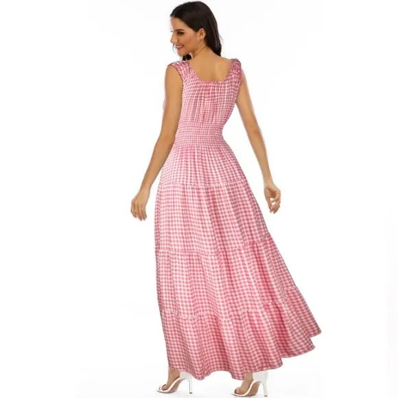 Vintage Retro Mint Green Tiered Maxi Long Prairie Dress 50s 60s Gingham New