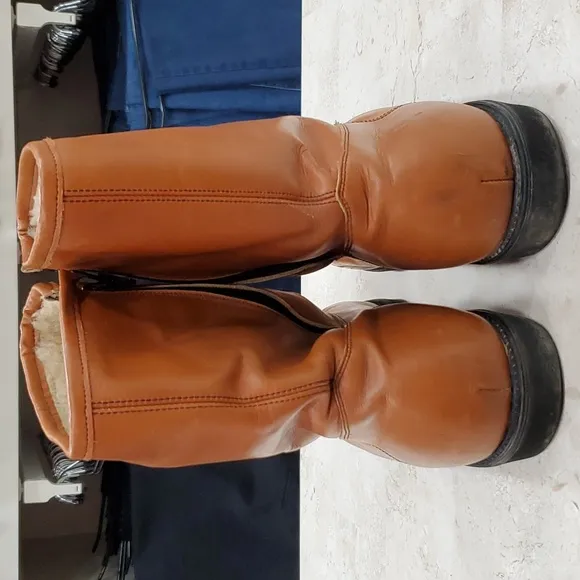 Vintage sherpa lined leather boots men's 12 EE brown 10 inch shaft oil resistant