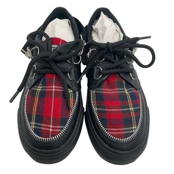 Vintage T.U.K. Red Plaid Creepers M4/W6 Punk Platform Shoes 90s Bone Sole Rare