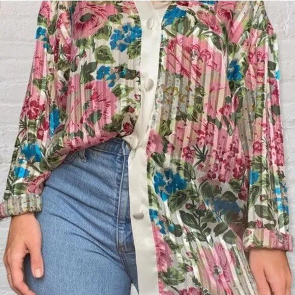 Vintage Victoria’s Secret Floral Satin Trim Button Down Top Robe L