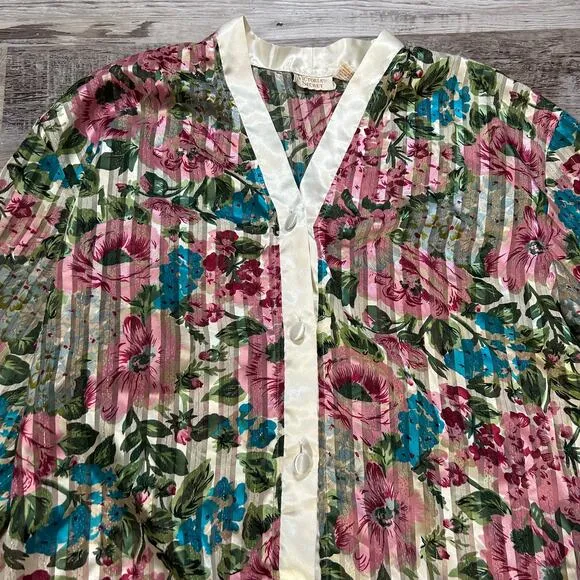 Vintage Victoria’s Secret Floral Satin Trim Button Down Top Robe L