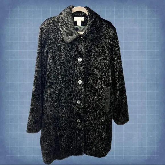 VINTAGE Y2K TEXTURED Faux Fur COAT SLIT POCKETS BLACK XL PRESTON &amp; YORK
