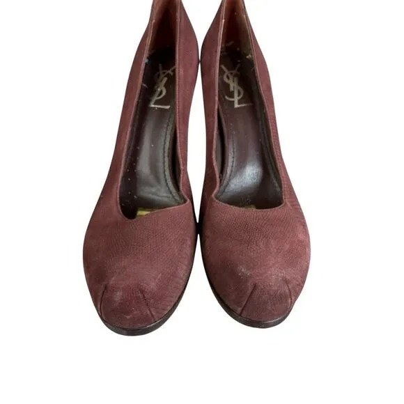 Vintage Yves Saint Laurent Burgundy Faux Snakeskin Leather Pumps Size 8 US