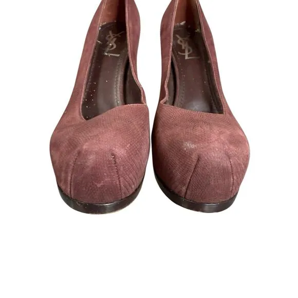 Vintage Yves Saint Laurent Burgundy Faux Snakeskin Leather Pumps Size 8 US
