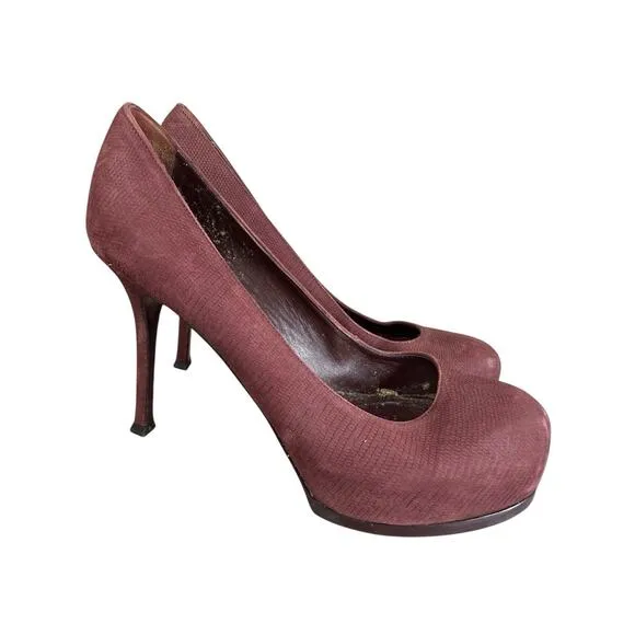 Vintage Yves Saint Laurent Burgundy Faux Snakeskin Leather Pumps Size 8 US
