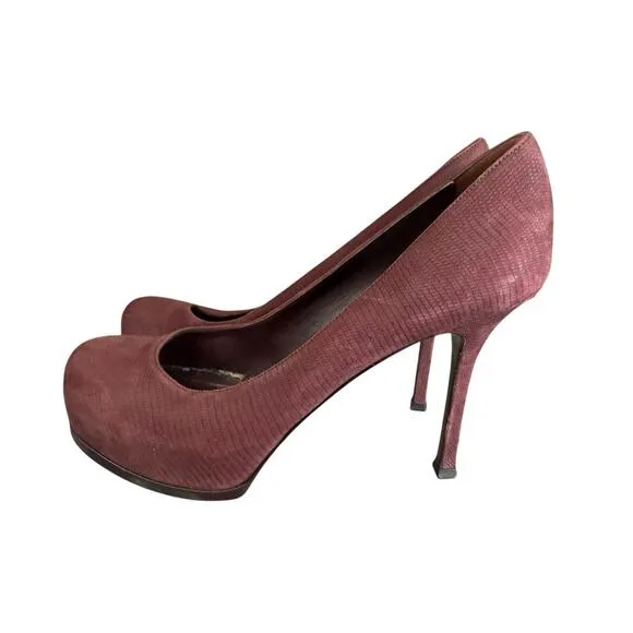 Vintage Yves Saint Laurent Burgundy Faux Snakeskin Leather Pumps Size 8 US