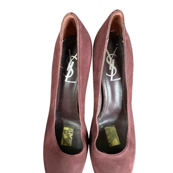 Vintage Yves Saint Laurent Burgundy Faux Snakeskin Leather Pumps Size 8 US