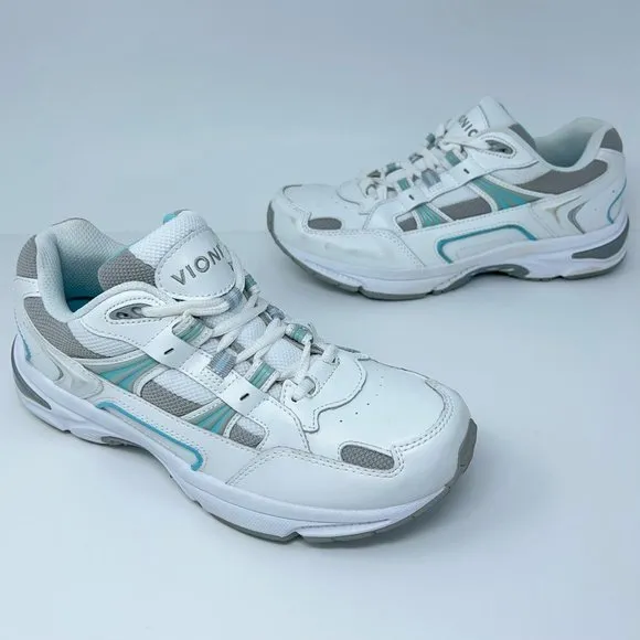Vionic Womens Classic Walking Leather Shoes White Blue 23WALK Low Top Lace Up 8M
