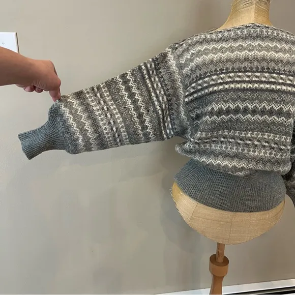 VTG 90s Esprit Fair Isle Nordic Balloon Sleeve Wool Blnd Sweater Sz S Gray White