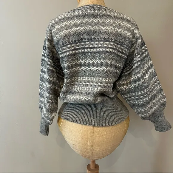 VTG 90s Esprit Fair Isle Nordic Balloon Sleeve Wool Blnd Sweater Sz S Gray White