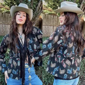 VTG Jane Ashley Black Multicolor Cowgirl Boot Print Lightweight Jacket Sz XL