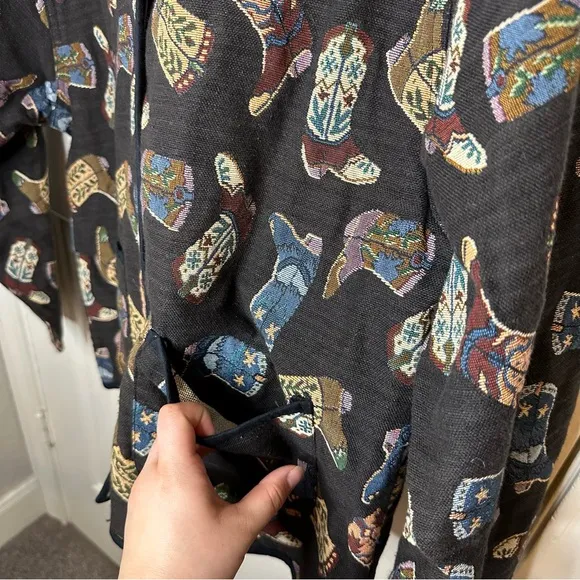 VTG Jane Ashley Black Multicolor Cowgirl Boot Print Lightweight Jacket Sz XL