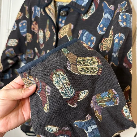 VTG Jane Ashley Black Multicolor Cowgirl Boot Print Lightweight Jacket Sz XL