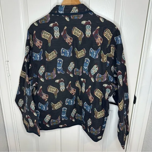 VTG Jane Ashley Black Multicolor Cowgirl Boot Print Lightweight Jacket Sz XL