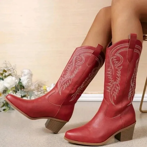 Western Embroidery Detail Chunky Heel Boots, Vintage Knight Boots