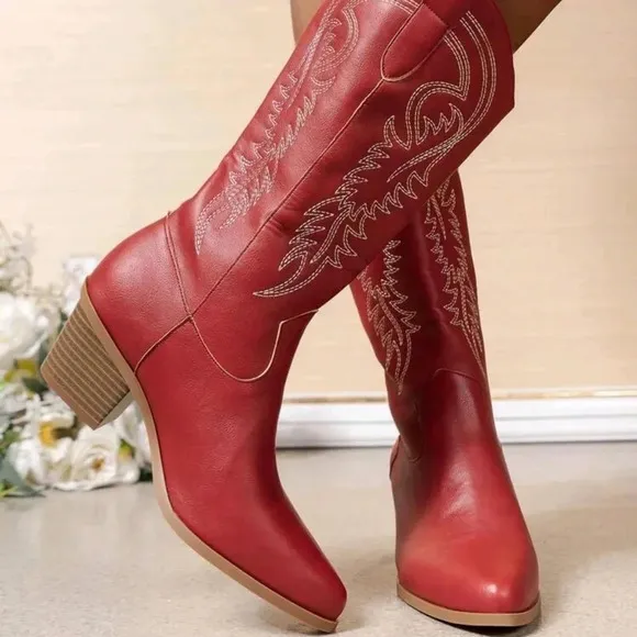 Western Embroidery Detail Chunky Heel Boots, Vintage Knight Boots