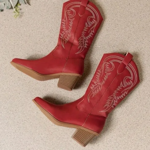 Western Embroidery Detail Chunky Heel Boots, Vintage Knight Boots