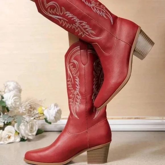 Western Embroidery Detail Chunky Heel Boots, Vintage Knight Boots