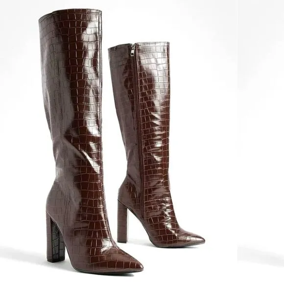 Wide width pointed toe croc knee high boot