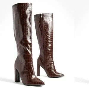 Wide width pointed toe croc knee high boot