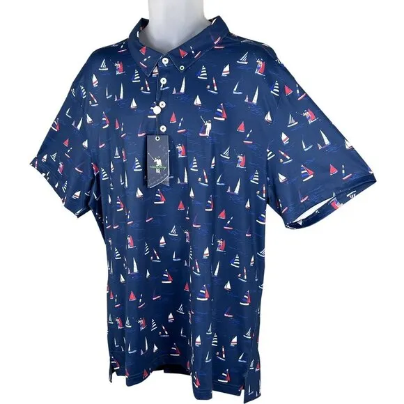 William Murray NWT Mens XXL Navy Sailboat Print Polo Golf Shirt Athleisure