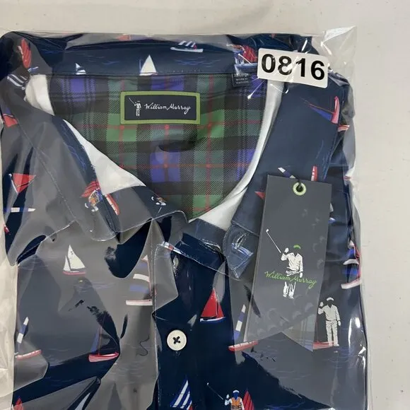 William Murray NWT Mens XXL Navy Sailboat Print Polo Golf Shirt Athleisure