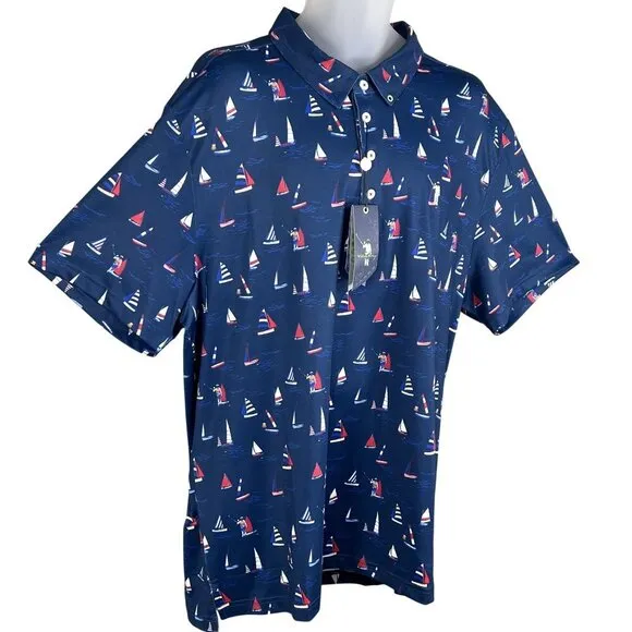 William Murray NWT Mens XXL Navy Sailboat Print Polo Golf Shirt Athleisure